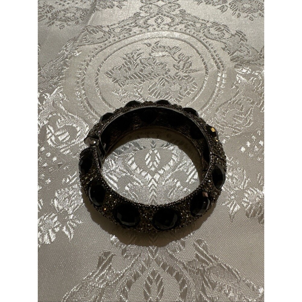 Silver Tone Black Clear Faceted Rhinestones Cuff Bracelet Handcrafted Artisan - Picture 11 of 15